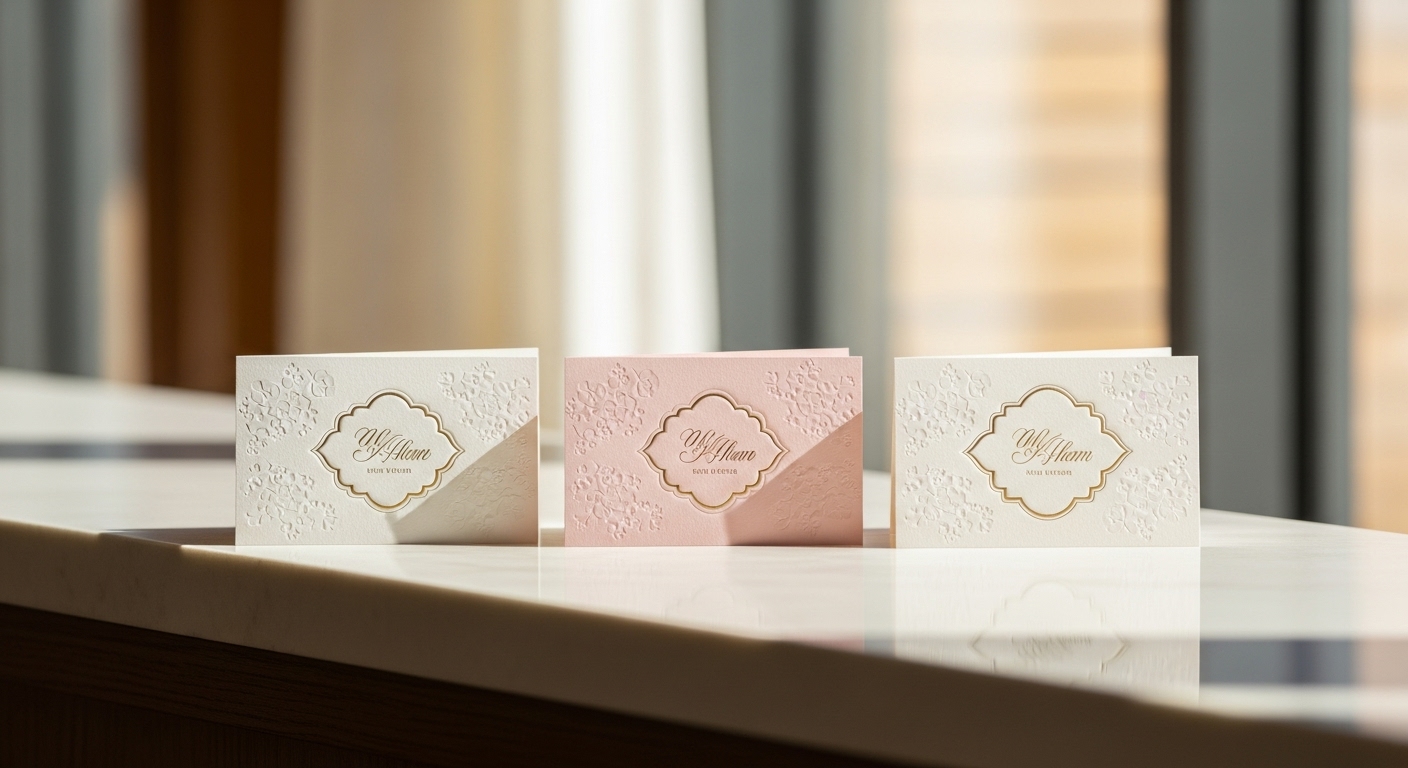 披露宴受付カウンターに整然と並べられた同デザインのギフトカード