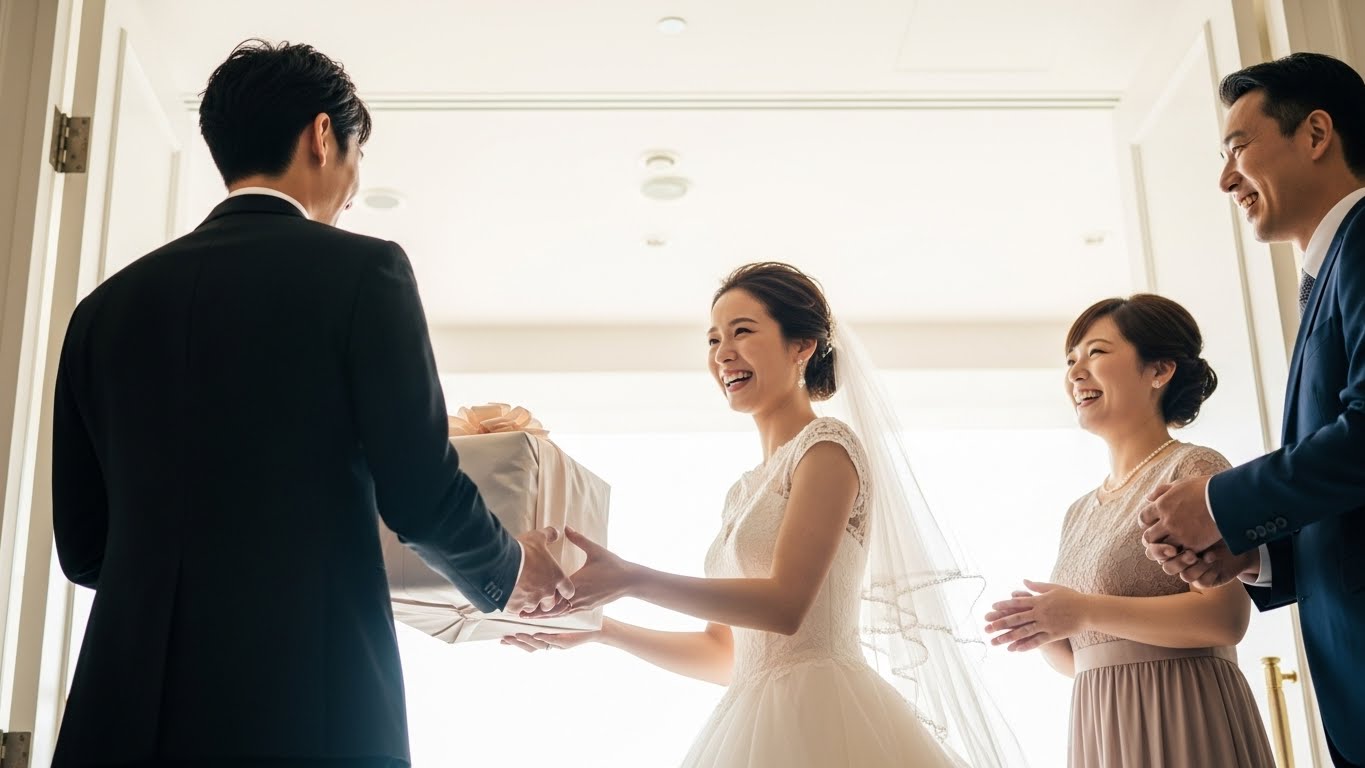 披露宴会場の出口で新郎新婦が笑顔でゲストに引き出物を手渡している様子