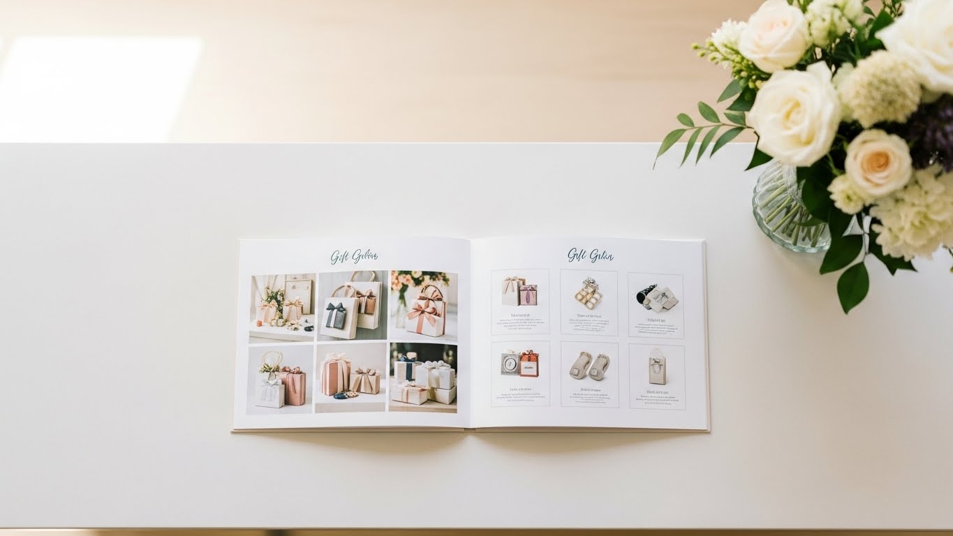 式場のギフトカウンターに開いた状態で置かれたカード型引き出物カタログ