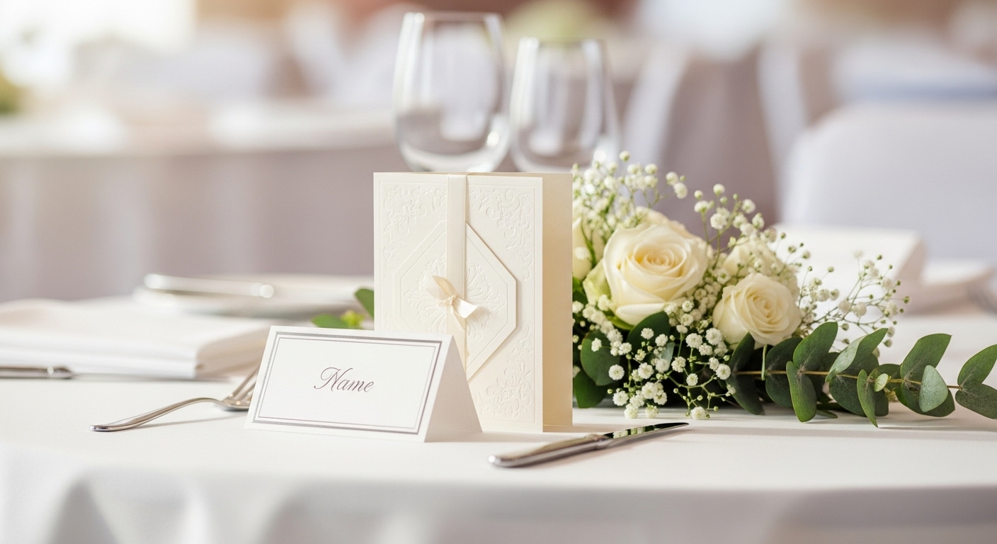 披露宴会場のゲストテーブルで席札と装花の間に上品に添えられたカード型引き出物