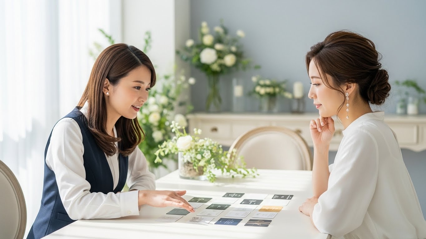 ブライダルサロンでプランナーが花嫁に引き出物カードサンプルを説明する様子