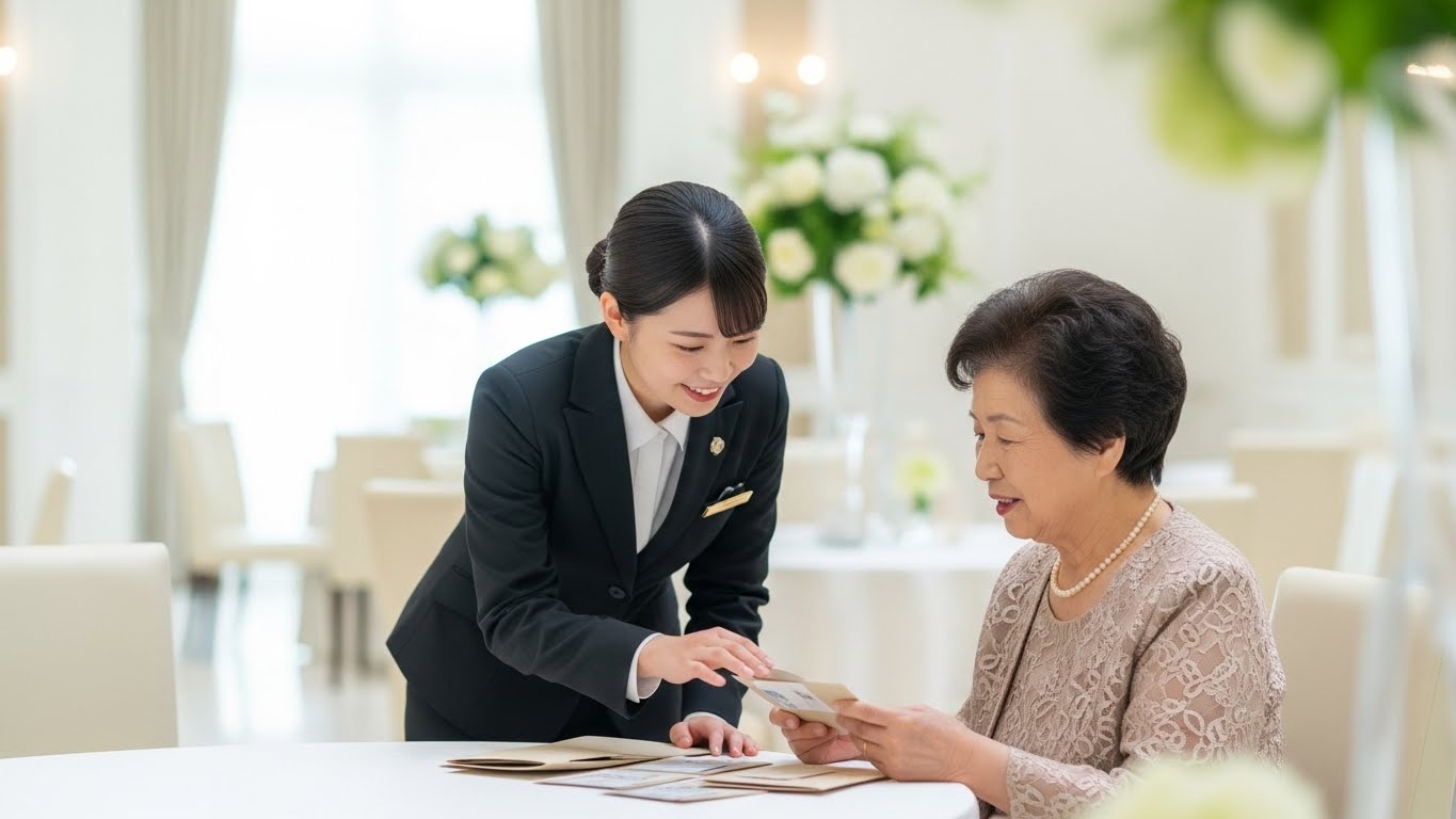 披露宴会場のゲストテーブルでスタッフが高齢ゲストにカード型ギフトの使い方を案内する様子