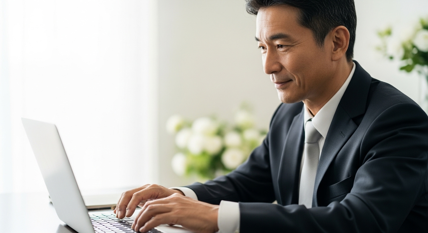 自宅の書斎でパソコンを操作しながらギフトを選ぶ上司世代の男性