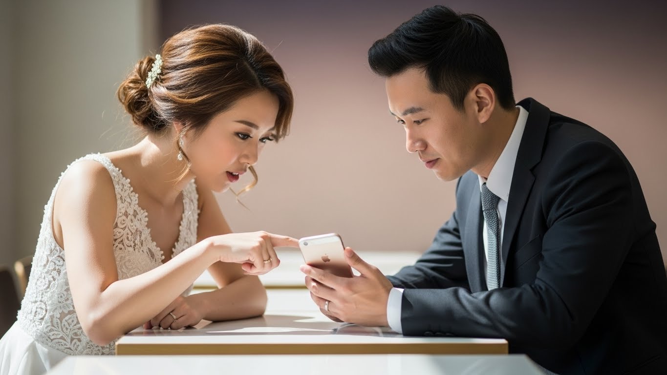 カフェでスマートフォンを一緒に見ながら結婚式準備を相談する新郎新婦