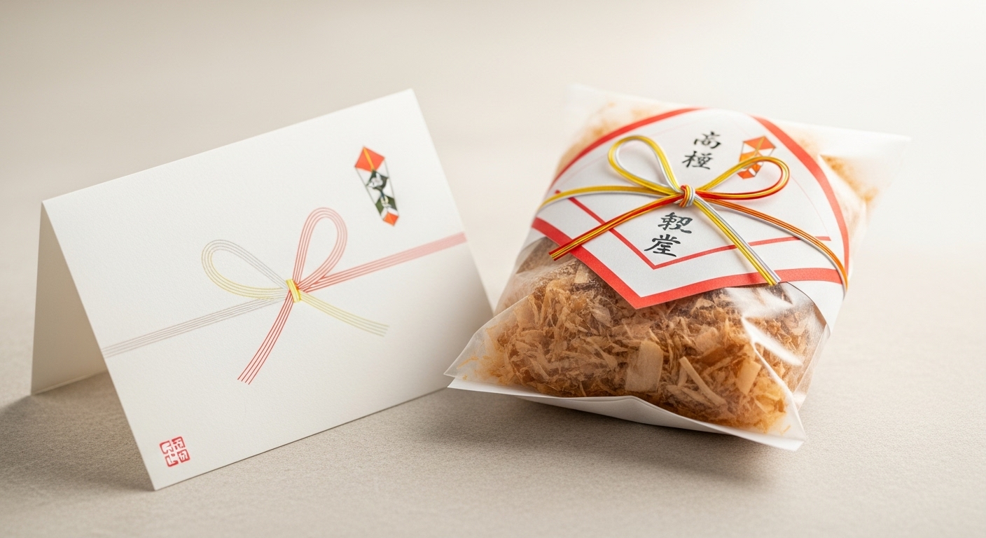 洗練されたテーブル上に並べられたカードとのし紙付き名披露目現物