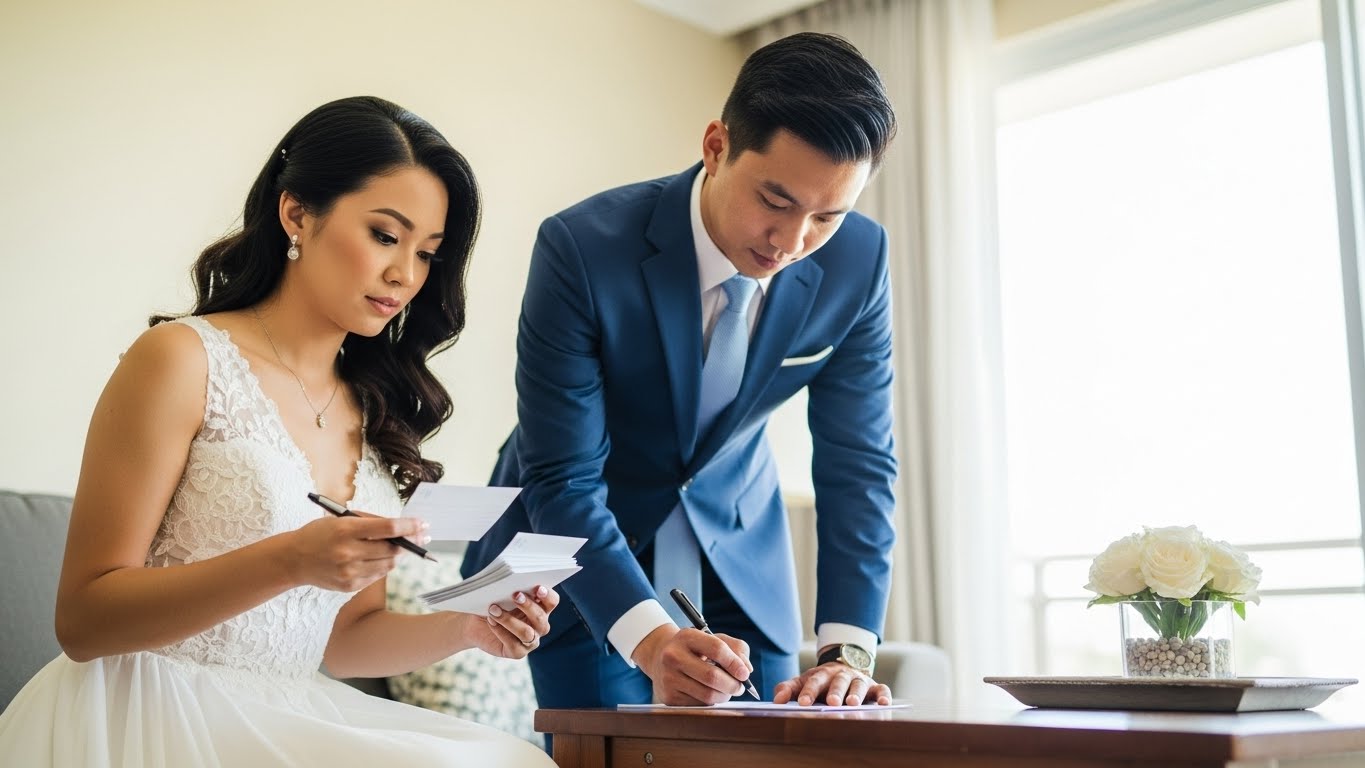 自宅のリビングで新郎新婦が招待状の返信ハガキを確認して出欠を集計している様子