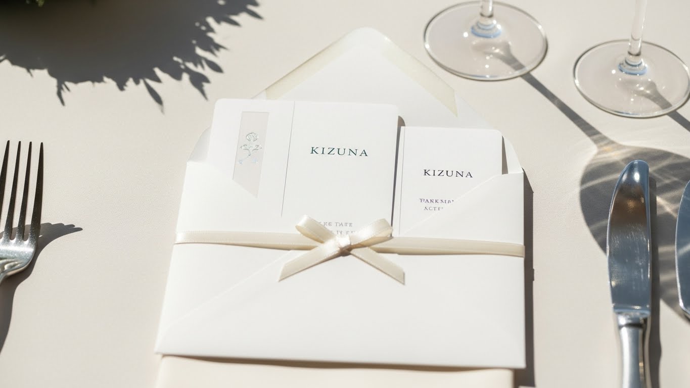 披露宴ゲスト席に置かれた白い封筒入りのKIZUNAカードセット