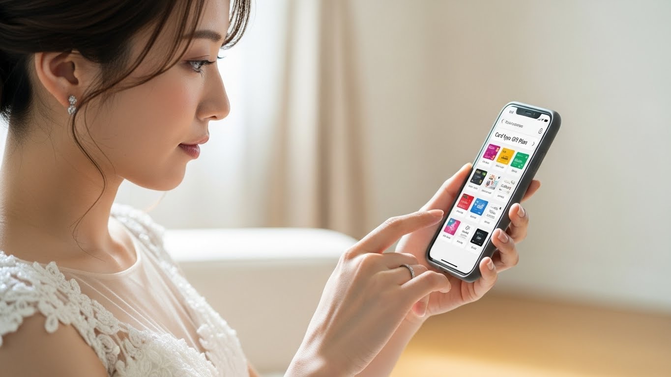 自宅でスマートフォンを見てカード型引き出物を比較する新婦