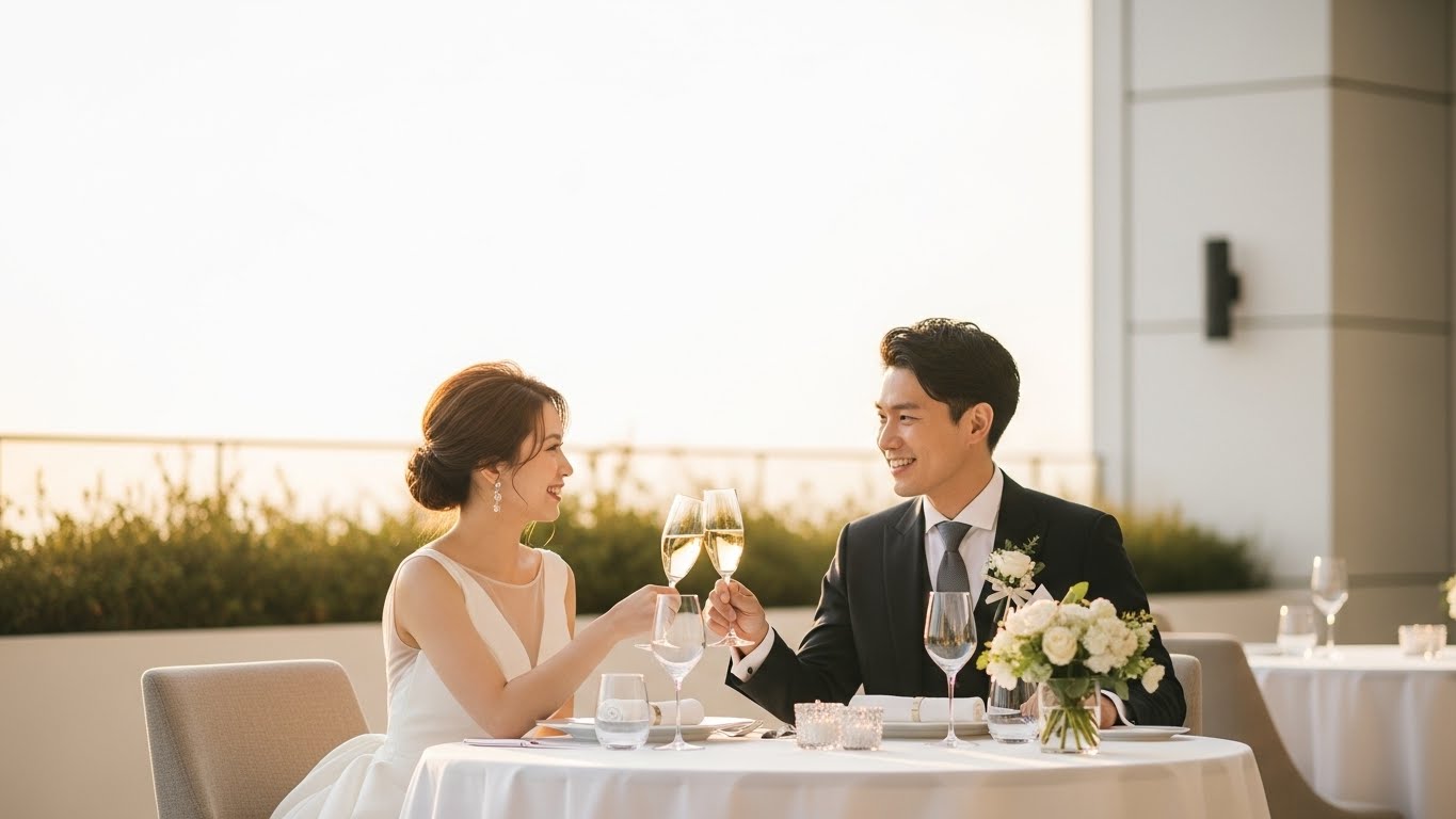 モダンなレストランのテラス席で体験型ギフトのディナーを楽しむカップル