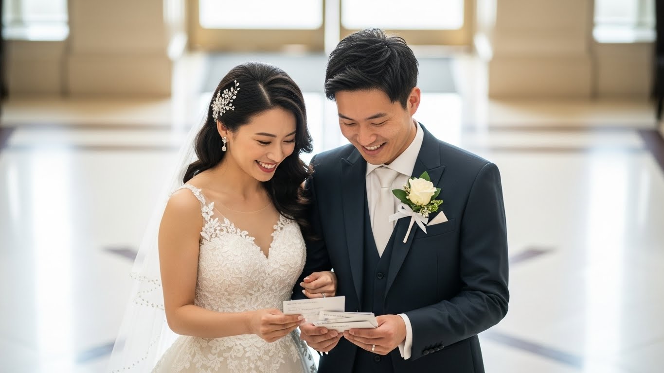 結婚式場のロビーで完成した引き出物カードを笑顔で最終確認する新郎新婦