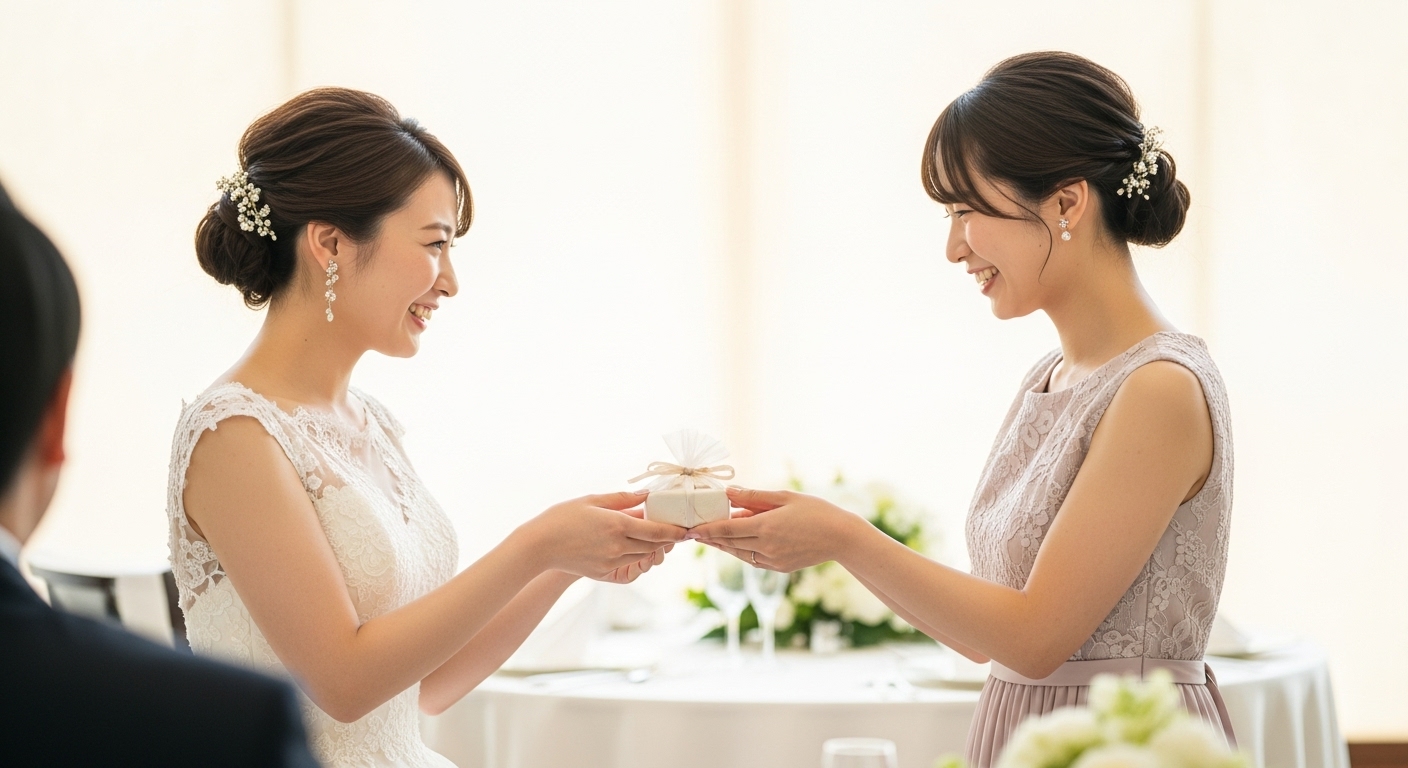 披露宴会場のゲストテーブル付近で友人ゲストと笑顔で会話し引き出物を手渡す新婦