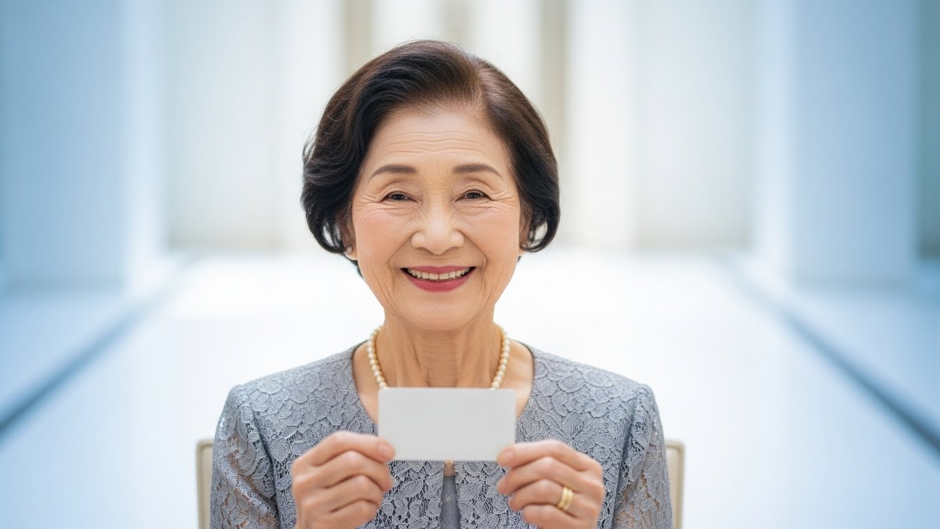 披露宴会場ロビーで引き出物カードを手に笑顔を見せる年配の女性ゲスト