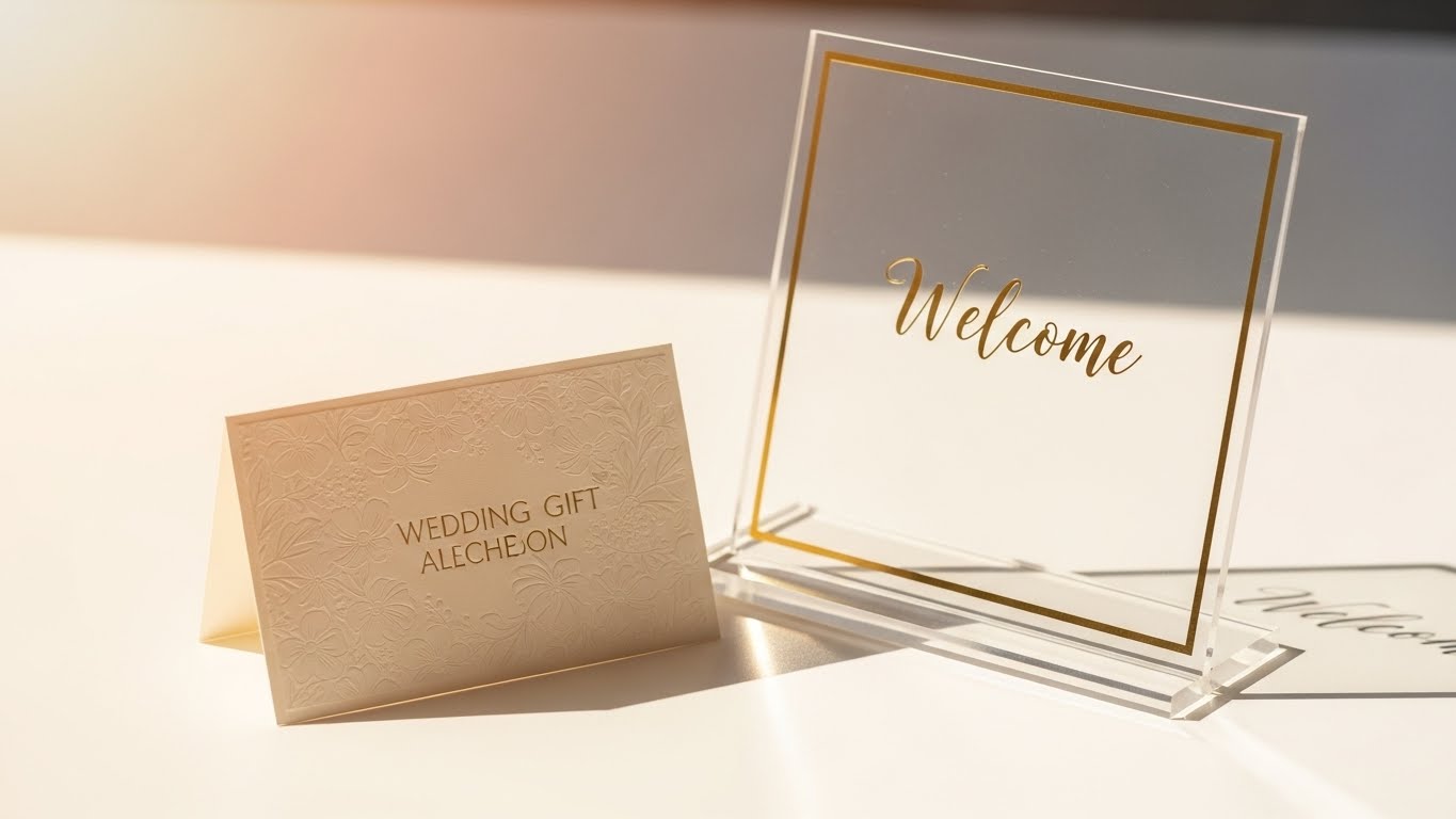 式場のウェルカムスペースでウェルカムボードの横に添えられているカード型引き出物