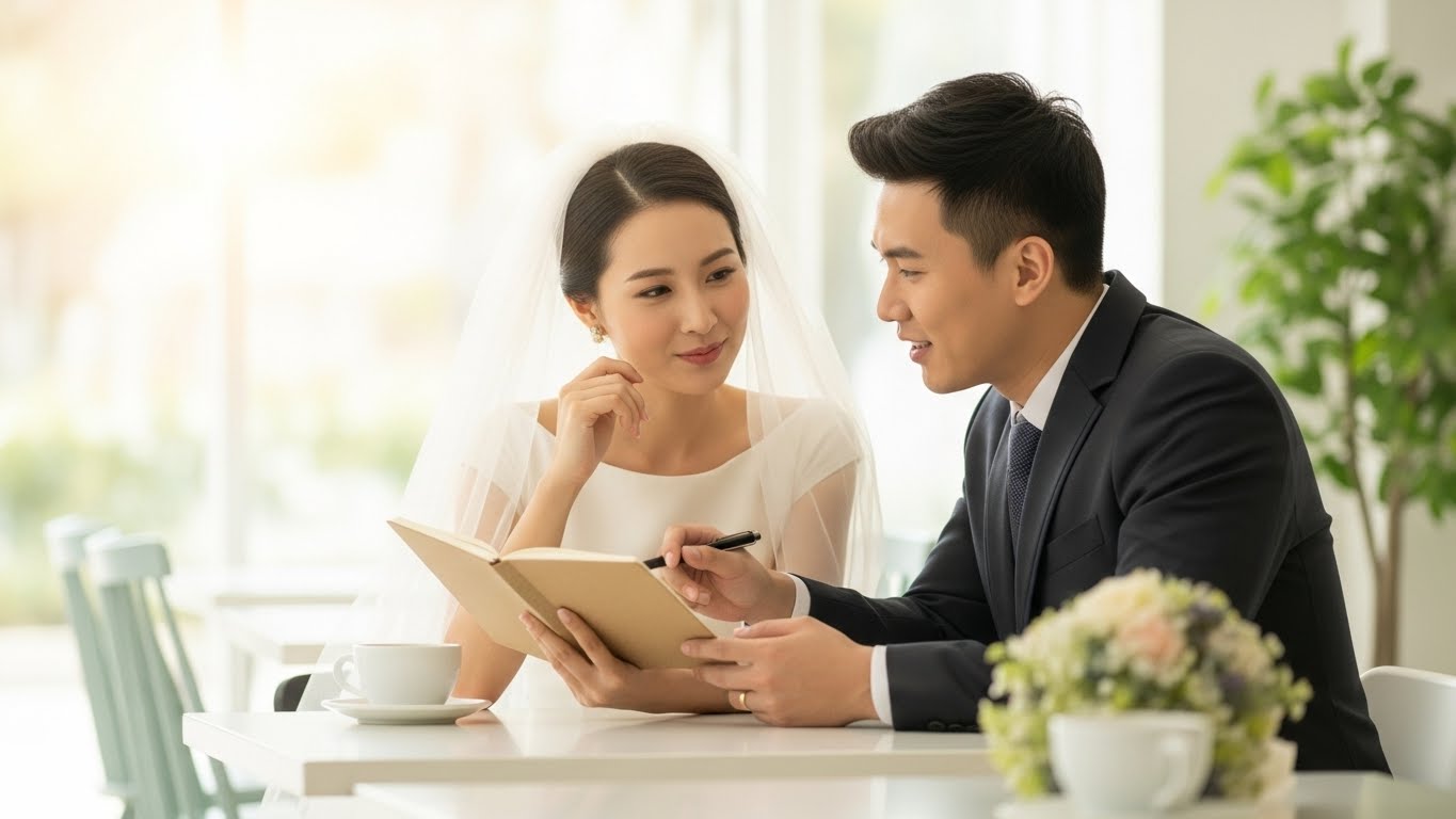 カフェでメモを取りながら引き出物の打ち合わせをする新郎新婦