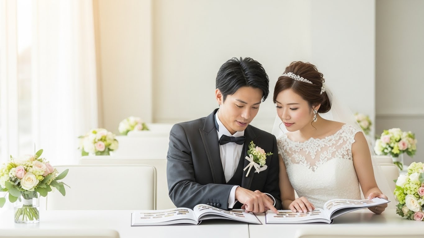 ブライダルフェア会場でカタログを比較する新郎新婦