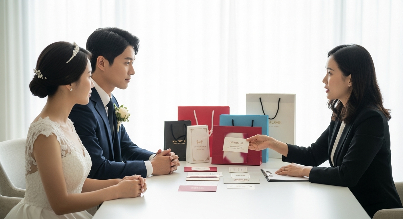 式場打ち合わせルームでプランナーから名披露目のサイズと予算のアドバイスを受ける新郎新婦