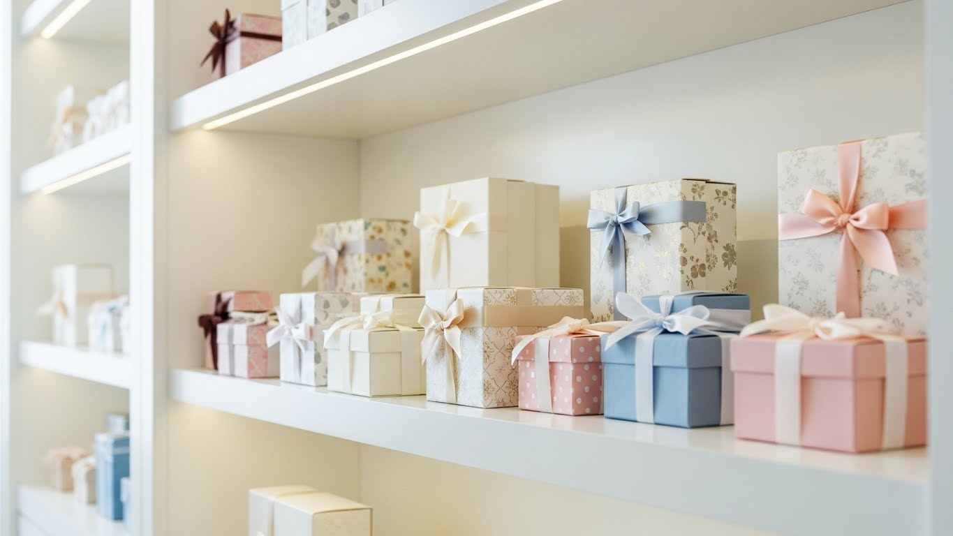 ブライダルギフトショップの棚に美しくディスプレイされた引き出物のギフトボックス