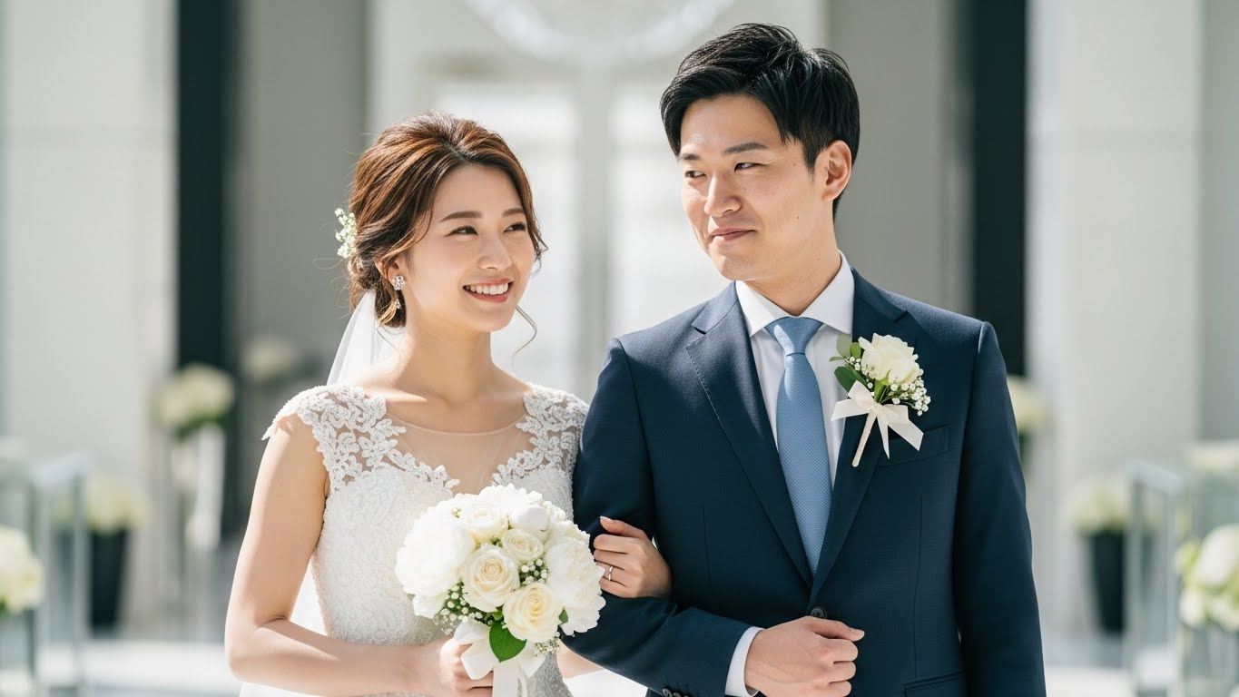 式場ロビーで引き出物選びを無事完了して安心した笑顔を見せる新郎新婦