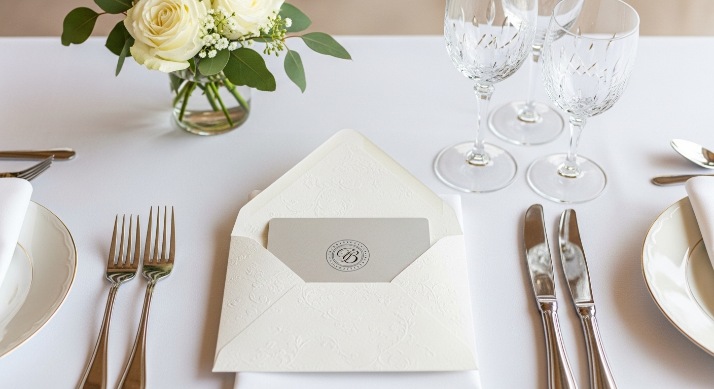 披露宴ゲストテーブルのセッティングに添えられたギフトカード封筒