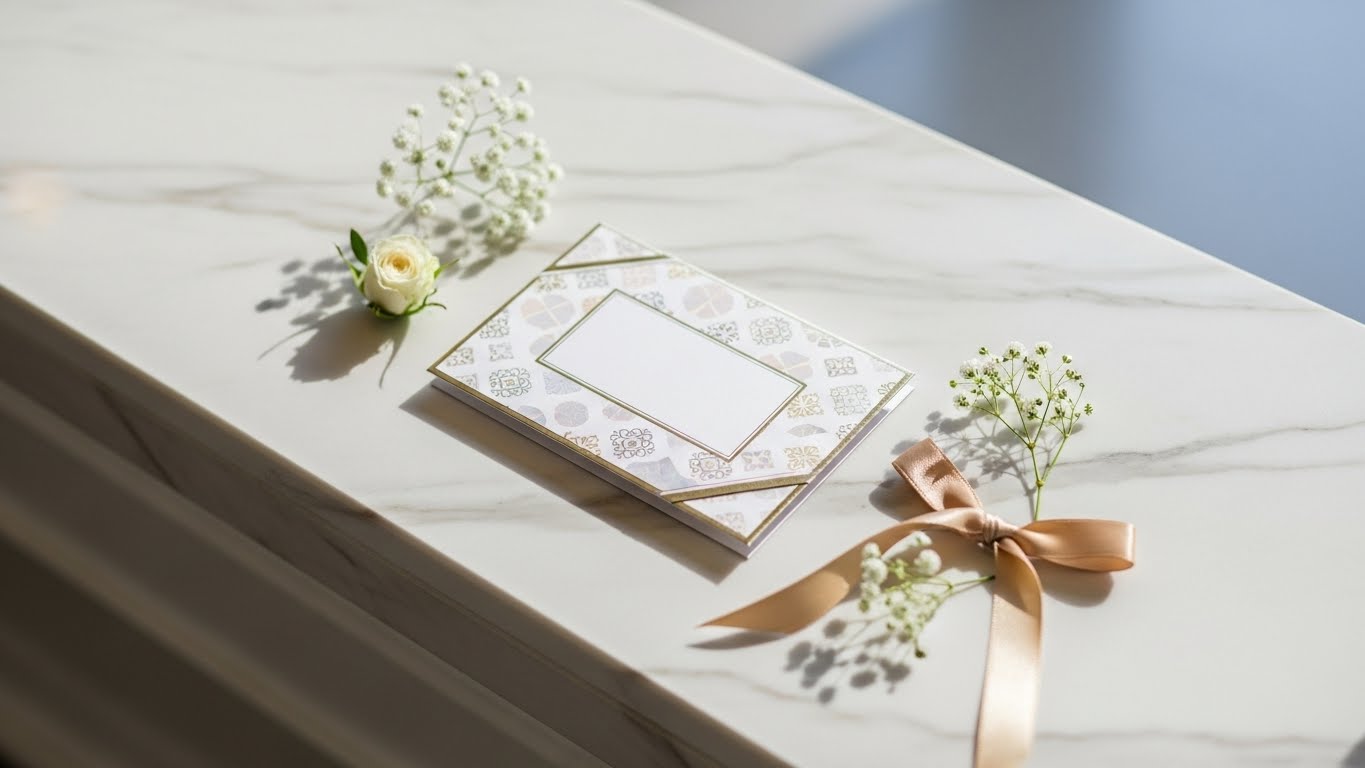 式場のギフトカウンターの白い大理石台に置かれたエレガントなカード型カタログギフト