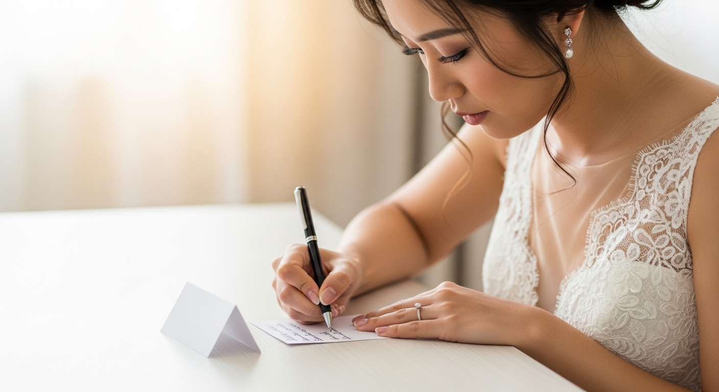 自宅デスクで席札カードに名披露目の説明メッセージを手書きで丁寧に添える新婦