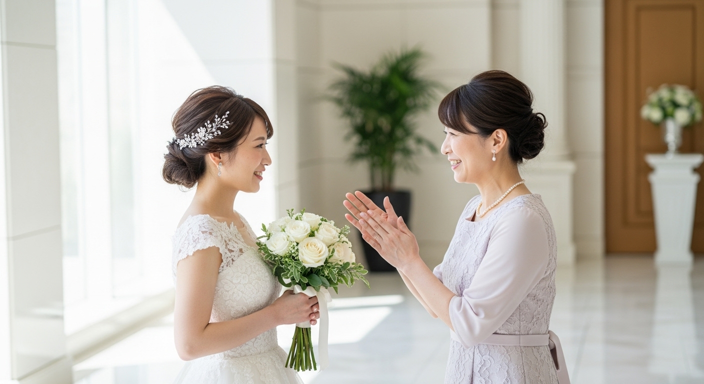 式場ロビーで引き出物に感謝を伝えるゲストと新婦の様子