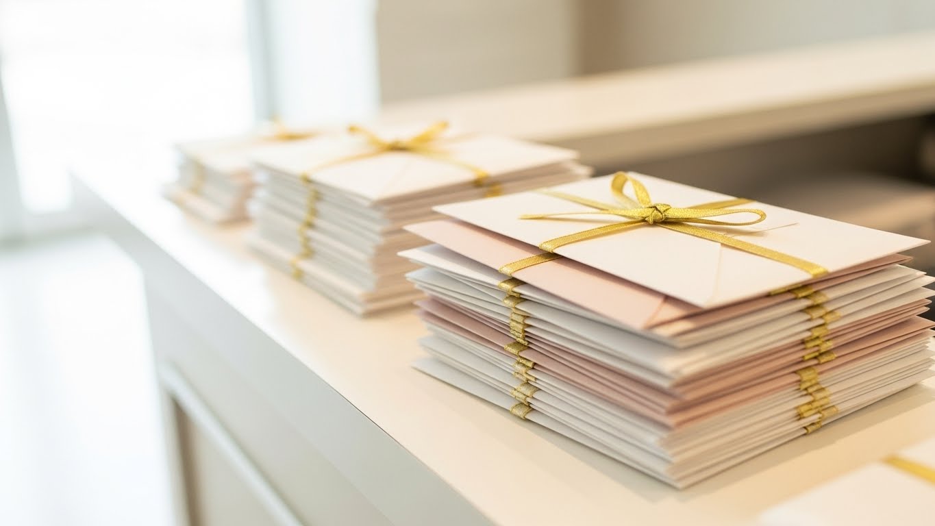 式場受付カウンターに積まれたゴールドリボン付きカード型引き出物