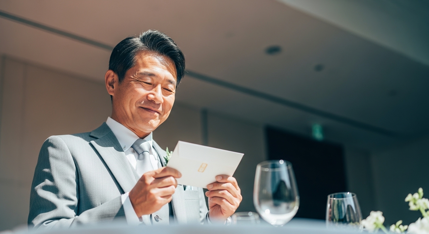 披露宴会場で引き出物を手に取り満足そうに笑顔を見せる上司