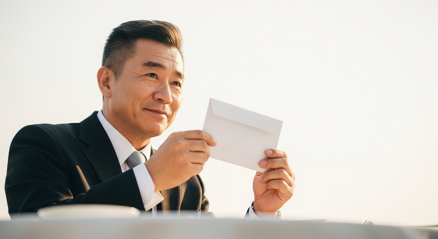 披露宴会場で引き出物を手に取り満足そうに笑顔を見せる上司