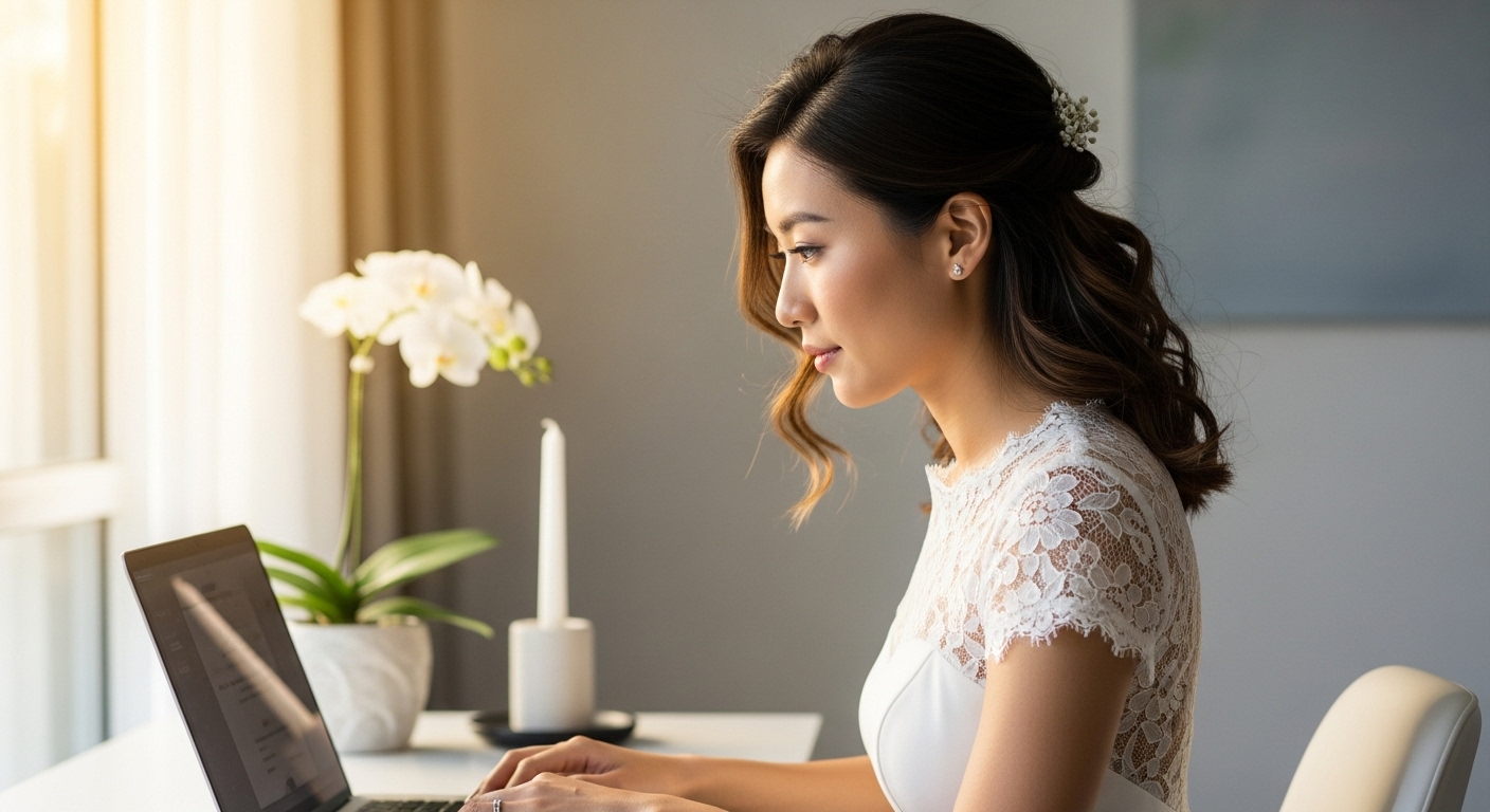 自宅書斎でノートパソコンを使い引き出物を調べる新婦