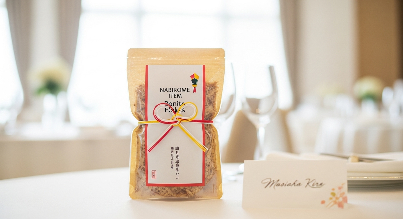 披露宴会場のゲストテーブルで席札の隣に添えられた結び切り水引・連名のし紙付き名披露目