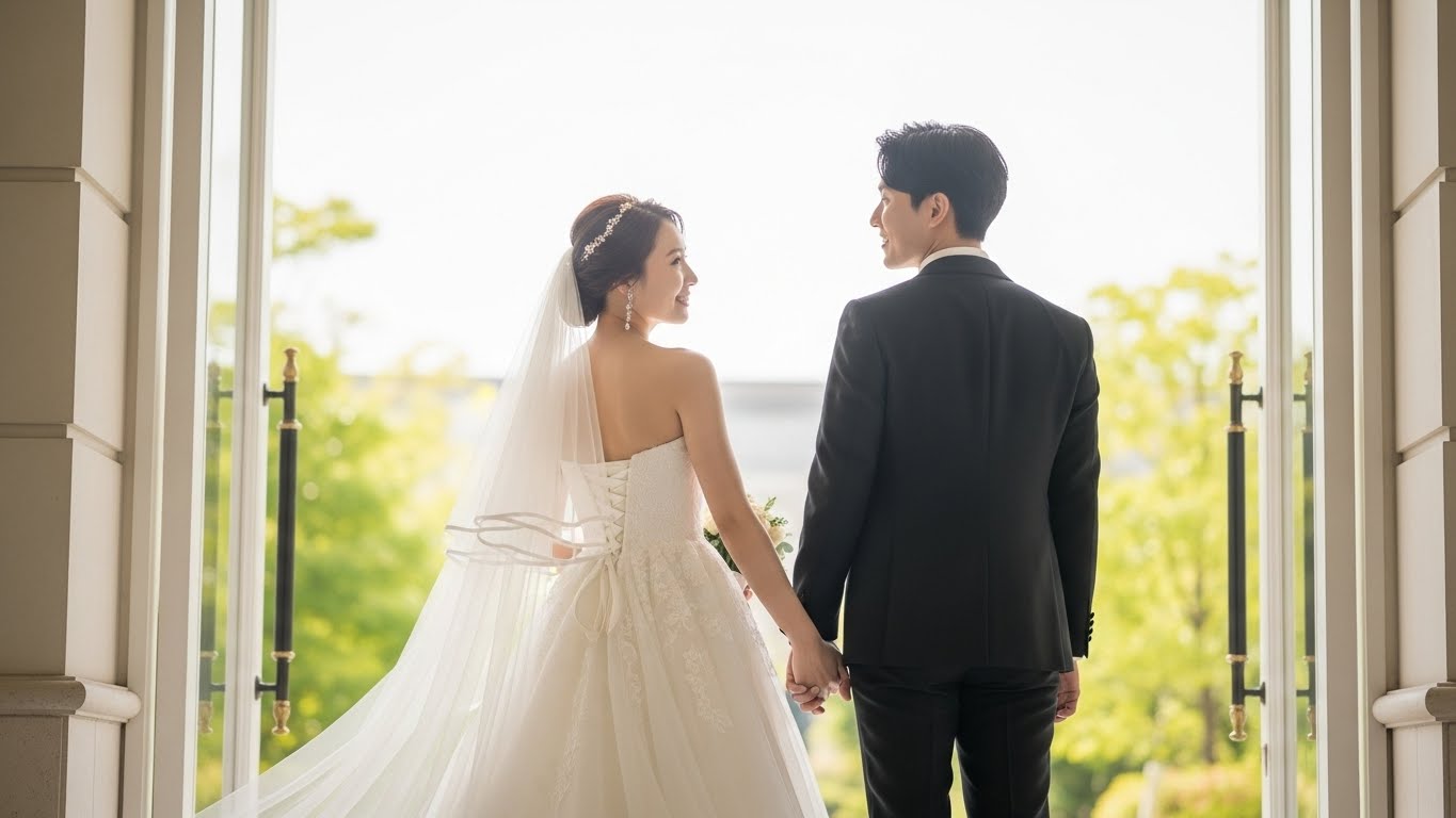 引き出物準備が完了し式場エントランスで安心した表情の新郎新婦