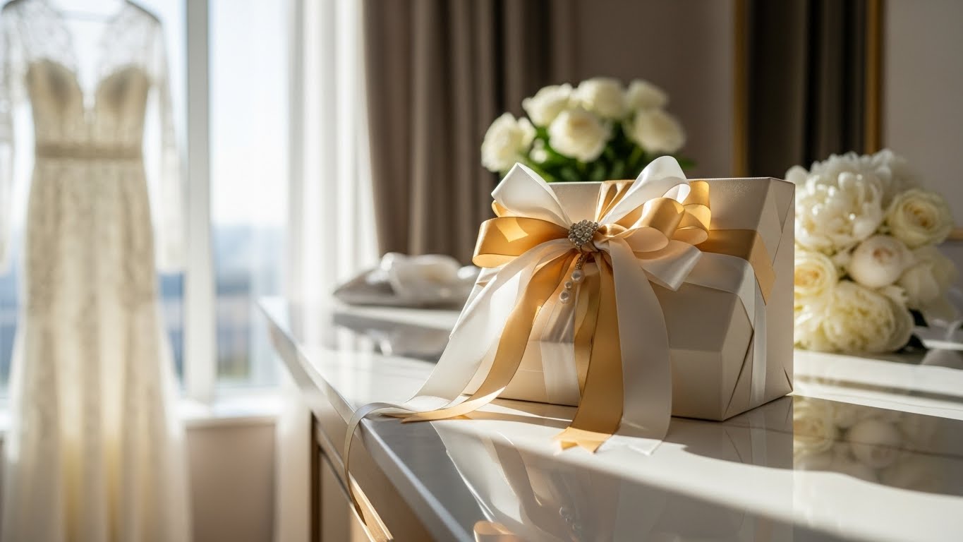 準備室のカウンターにリボンで美しく装飾された高級引き出物セット