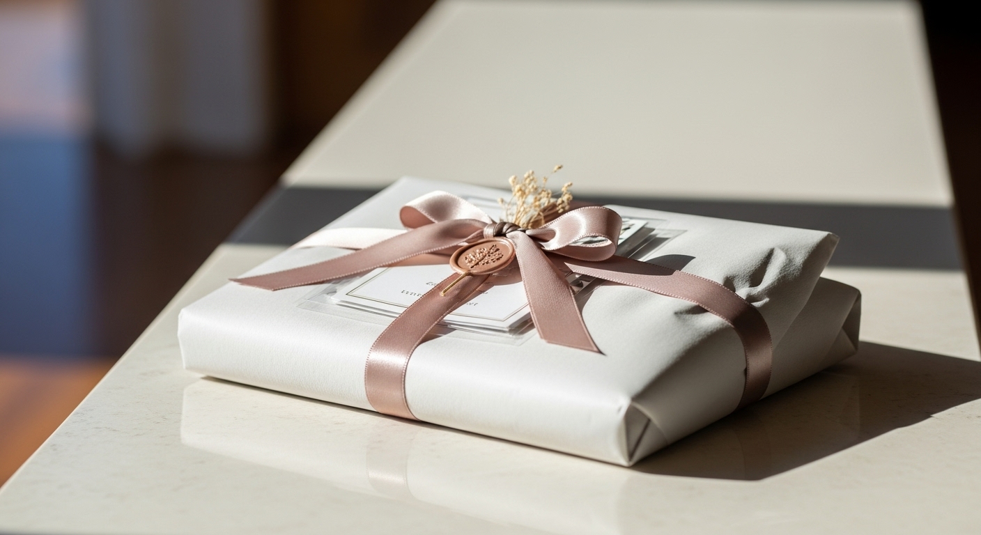 式場のカウンターに美しくラッピングされた引き出物セット