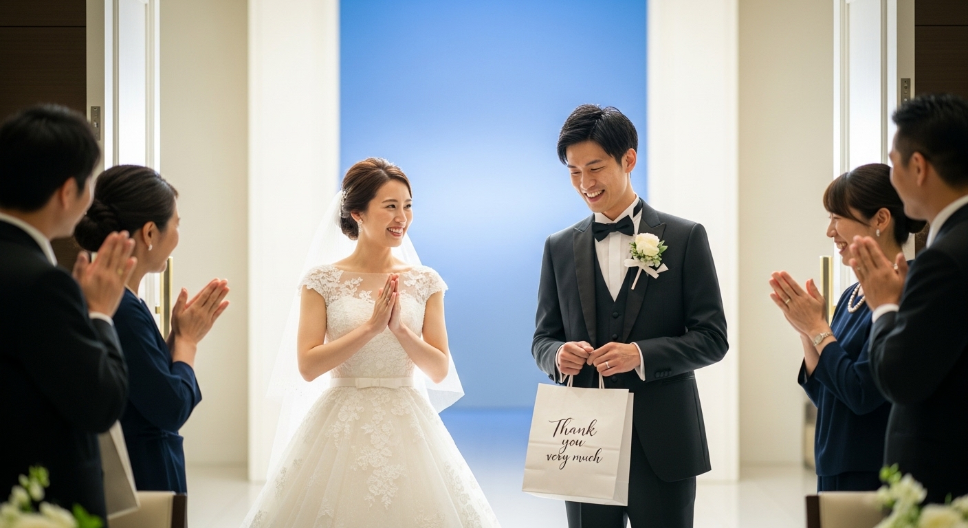 披露宴会場入口でゲストをお見送りしながら名披露目入りの引き出物を笑顔で手渡す新郎新婦