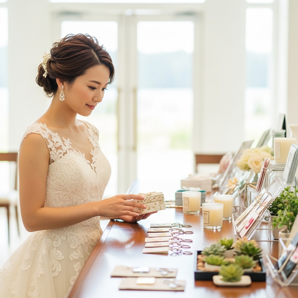 結婚式場のギフトカウンターで引き出物を真剣に比較検討する新婦