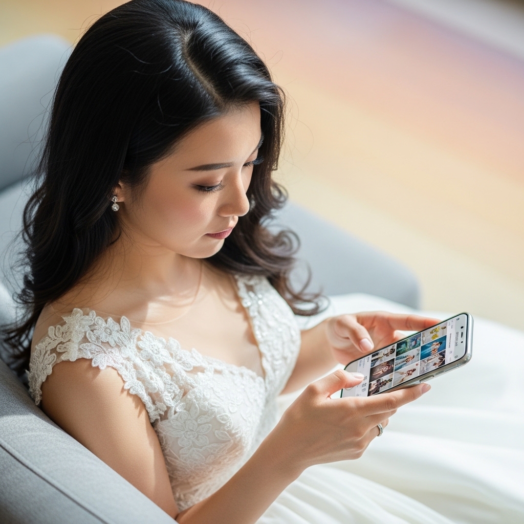 自宅のソファでスマートフォンを使ってカード型引き出物を選ぶ女性ゲスト