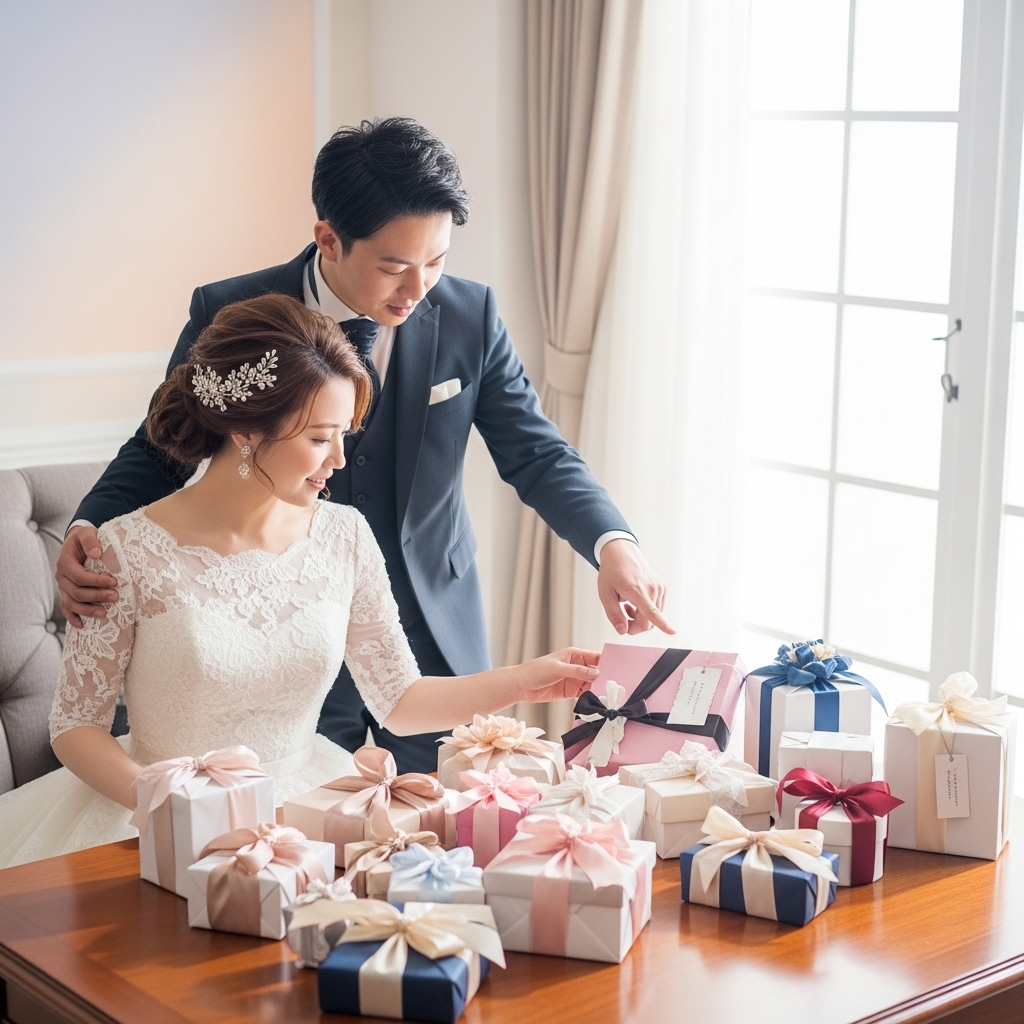 結婚式準備室でゲストごとの引き出物プランを真剣に調整する新郎新婦