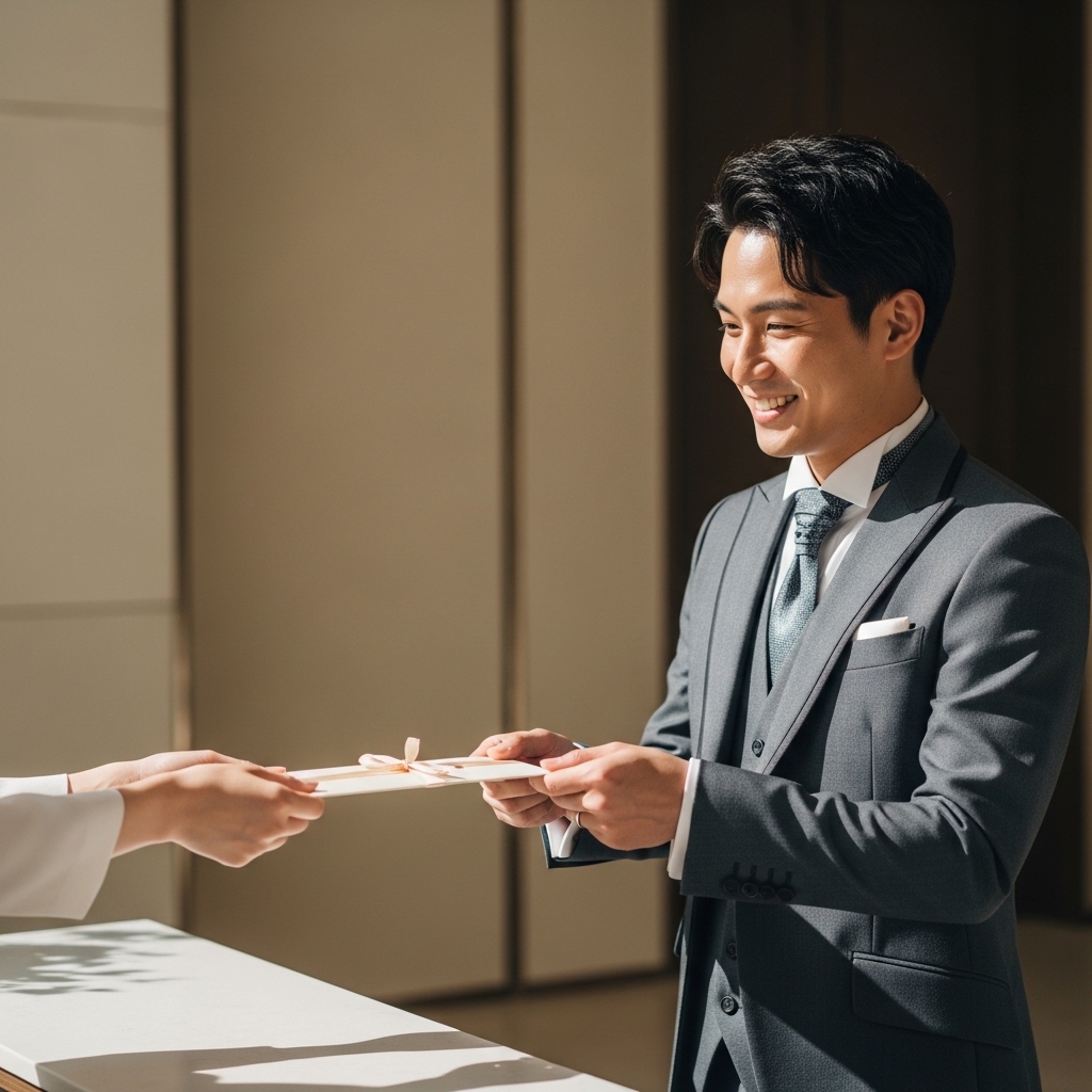 披露宴会場の受付エリアで笑顔でギフトカードを受け取る男性ゲスト