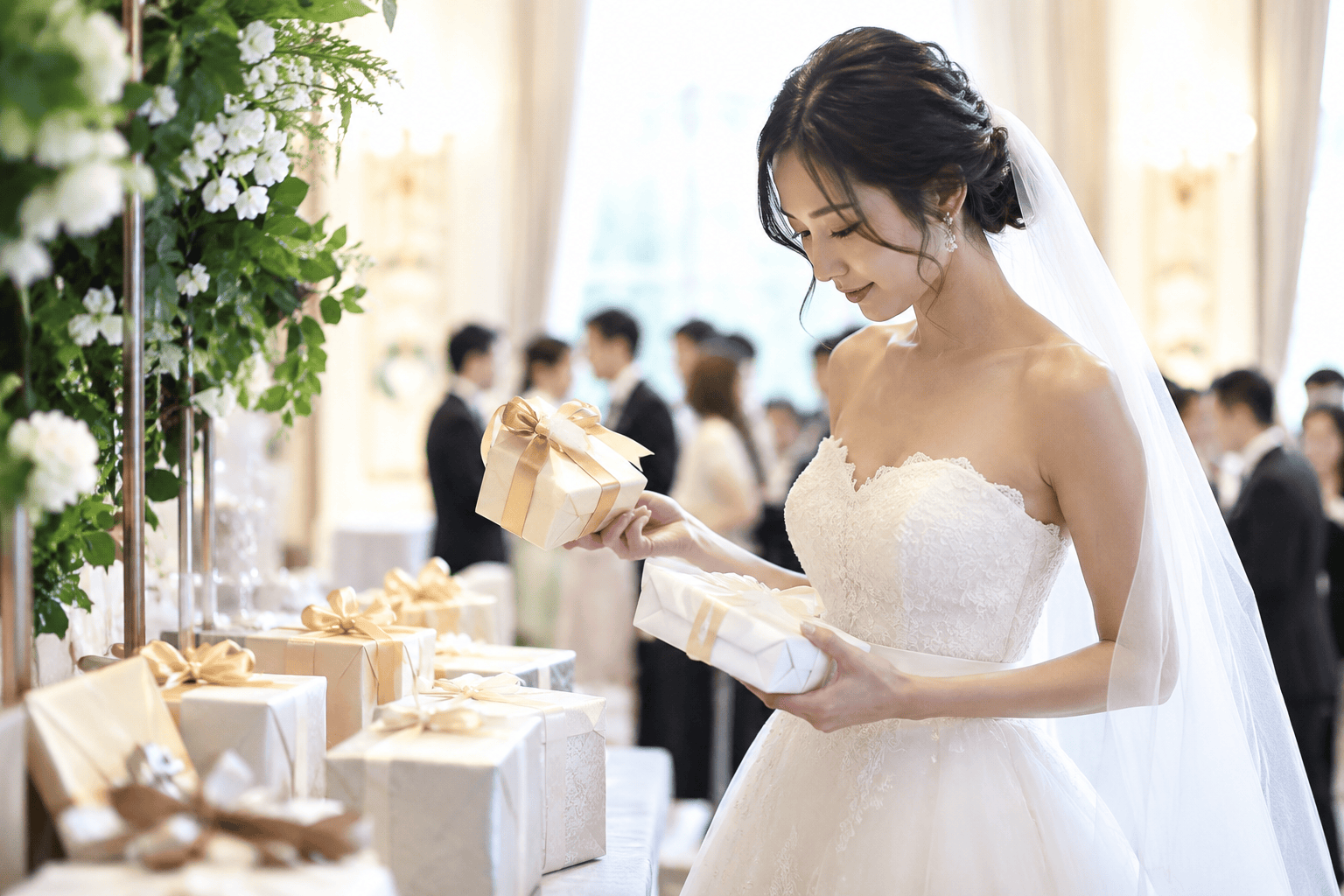 結婚式場のギフトカウンターで引き出物を選ぶ新婦の様子