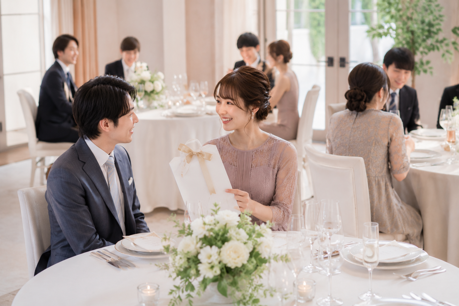 披露宴会場で引き出物を受け取り笑顔で会話する夫婦ゲスト