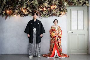 和装での安い前撮り　横並び　東京でのセルフフォトウェディングはプラチナフォトスタジオ