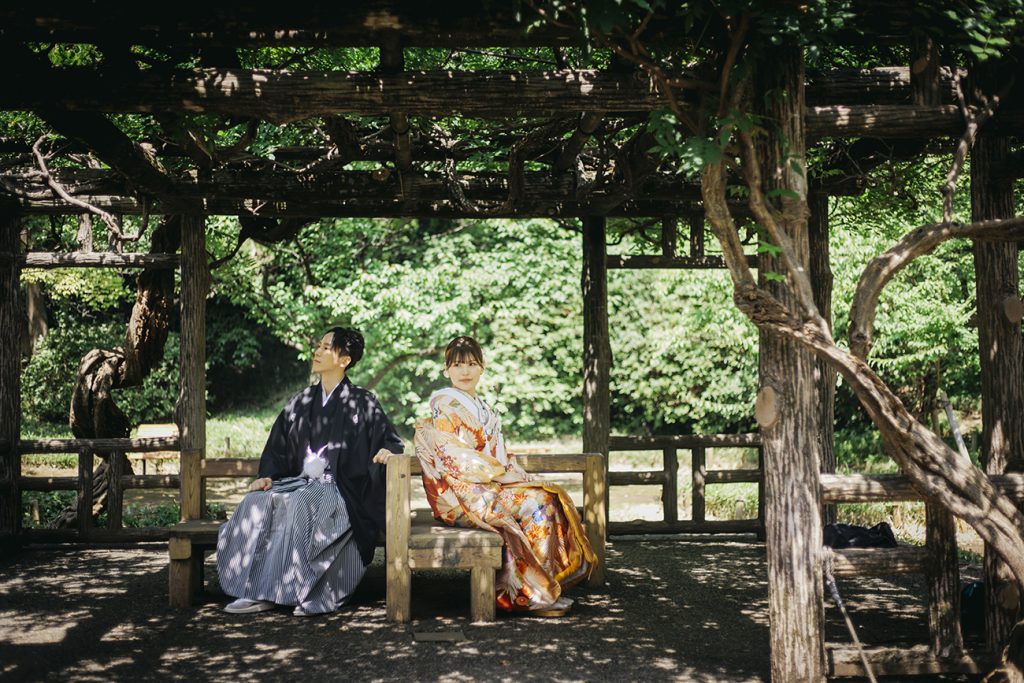 和装前撮り　庭園前撮り　都内で人気の庭園人気　東京での前撮りならフォトウェディングスタイル